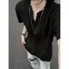 Camiseta de punto de manga corta con cuello en V estilo americano para hombre y mujer, camiseta fina de verano jacquard calada transpirable con un aire de "old money" y un sentido de sofisticación