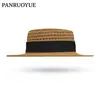 Sombrero de Paja Hueco de Techo Plano Estilo Francés para Mujer, Vacaciones de Verano en la Playa, Sombrero de Sol Elegante y de Alta Gama con Ala Ancha para Protección Solar