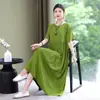 Vestido de Algodão e Seda da Mamãe, Verão Manga Curta Elegante de Alta Qualidade Vestido de Viscose de Comércio Exterior com Bolsos para Mulheres de Meia-Idade e Idosas
