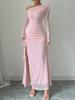 Vestido largo de malla de alta calidad para mujer de principios de otoño, manga larga, hombro inclinado, plisado con abertura, hombros descubiertos, vestido rosa, estilo de chica dulce