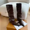 Bestseller transfronteiriço elegante botas femininas longas 2026 outono/inverno novo preto versátil salto grosso zíper lateral moda bico fino botas