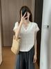 Verano Coreano Versátil Encaje Empalme Cuello en V Manga Corta Holgado Look Adelgazante Camiseta Blanca para Fondo Camiseta Top para Mujer Ropa Interior