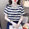 Camiseta de Manga Corta Rayada con Estampado de Letras 2024 para Mujer Verano Nuevo Estilo Coreano Versátil Cuello Redondo Holgada Popular Top Tendencia
