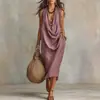 2026 Nuevo Vestido de Vacaciones Casual Holgado de Algodón y Lino con Cuello Oscilante para Mujer, Transfronterizo Europeo y Americano, Amazon