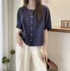Camisa de Lino de Manga Corta con Protección Solar Estilo Estación Europea para Mujer 2024 Nueva Suelta Combinable Cuello Redondo Ajustada Camisa Top Tipo Muñeca