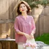 Camisa de Verão Estilo 2026 para Mães, Blusa de Manga Média para Mulheres de Meia-Idade e Idosas, Estilo Fino de Seda Gelada, Top Bordado Casual Elegante