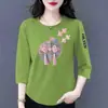 Comércio exterior transfronteiriço, roupas para mães, camiseta de manga três quartos para mulheres de meia-idade e idosas, solta, casual, top básico versátil