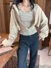 INSSNew Top Texturizado de Tencel con Elegantes Rayas Patchwork, Camisa de Manga Larga Falsa de Dos Piezas 98128