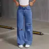 Europeo y Americano Transfronterizo 2025 Nuevo Jeans Sueltos Azul Claro Lavado Pierna Ancha Pantalones Color Puro Jeans de Mujer