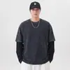 Camiseta de manga larga para hombre de talla grande, nuevo estilo de otoño, imitación de dos piezas, algodón puro, color block lavado vintage desgastado, top holgado para hombre