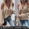 Cárdigan de Punto Nuevo de Otoño e Invierno Europeo y Americano con Hombros Descubiertos, Cuello en V, Manga Acampanada, Tejido Holgado, Top Casual para Mujer