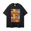 Camiseta de anime con estampado floral desgastado, efecto lavado, opciones de manga corta y manga larga, corte holgado, unisex, manga corta temática de anime