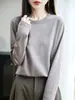 Camiseta de Manga Longa Dupla Face de Algodão Mercerizado para Primavera e Verão Feminina, Gola Redonda, Algodão Puro de Fibra Longa, Top Soltinho de Algodão Penteado, Camiseta Base