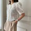Camisa de Verano Estilo Coreano Temperamento Encaje Pesado Ganchillo Botón de Perla Manga Abullonada Volante de Gasa Manga Corta para Mujer