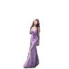 Vestido Nuevo de Verano Fresco Estilo Francés Morado Estampado de Tirantes Espagueti para Mujer, Ceñido a la Cintura y Ajustado a las Caderas Yifei de Verano para Mujer