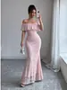 Vestido de noite longo de cauda de sereia com renda, ombro a ombro, transfronteiriço, para mulheres, com babados, ombros à mostra, justo, bodycon