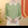 Camisa de verão com gola boneca que rejuvenesce, novo estilo verde faz a pele parecer mais clara, blusa de manga média para mulheres de meia-idade e idosas