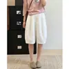 Shorts cropped de linho Tencel de perna larga para mulheres, novo estilo de verão, cintura alta, emagrecedor, relaxado, casual, shorts florais de comprimento médio