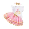 Venda Direta de Fábrica Transfronteiriça Vestido para Sessão de Fotos do Primeiro Aniversário do Bebê Macacão com Mangas Curtas Leves Saia de Gaze Fofa com Acabamento Dourado Conjunto de Acessórios de Cabelo