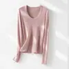 Camisa Básica de Tricô com Gola U e Manga Longa em Mistura de Lã e Seda para Mulheres, Top Versátil Confortável de Corte Justo, Camisa Básica de Lã