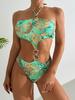 Moda Europea y Americana 2025 Nueva Joyería Metálica Cuello Halter Corbata de Una Pieza Triángulo Sexy Bikini de Baño de Comercio Exterior para Mujeres
