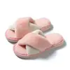 Novas Pantufas de Chão de Inverno com Tira Cruzada de Pelo Color Block Quentes Confortáveis Fashion Simples Versáteis Femininas de Algodão