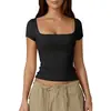 Amazon Transfronteiriço Europeu e Americano Top Feminino Slim-fit Emagrecedor Ombligo Cor Sólida Gola Quadrada Camisa Base Manga Curta Suave Gola Quadrada