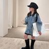 Jaqueta Infantil Aimobeibei Moderna e Descolada de Caimento Solto Estilo Coreano Casual com Gola de Couro Patchwork Casaco Jeans