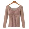 Nova blusa térmica de veludo de renda com almofada no peito forrada de lã espessada sem costura de manga comprida camisa de fundo térmico
