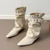 Botas con hebilla de cinturón chic estilo francés Chuyuji, nuevas 2026 otoño-verano, punta fina, tacón grueso, altura media de pantorrilla, botas de montar