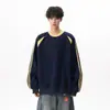 Sudadera de Peso Pesado con Bloques de Color a Rayas y Cuello Redondo para Hombre, Pulóver Holgado, Estilo High Street, Camiseta Básica Casual para Estudiante, Corte Holgado