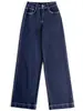 Venda direta da fábrica de jeans novos azul escuro, cor original, de perna larga para mulheres, com elasticidade em quatro direções, cintura alta, modelagem solta, efeito emagrecedor e design de perna reta com detalhes bordados.
