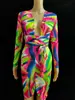 Vestido Europeu e Americano Feminino 2023 Amazon wish Nova Moda Outono Estampado Decote V Cadarço Manga Longa Slim-Fit