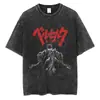 Camiseta Lavada Vintage Estilo Americano de Anime Japonês da Moda, Oversized High Street Verão Europeu e Americano Masculino com um Toque Elegante