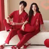 Pijama Rojo de Pareja para Boda, Cárdigan, Pantalón de Manga Corta, Talla Grande, Se Puede Usar Afuera, Conjunto de Dos Piezas de Algodón, Ropa de Casa Cómoda
