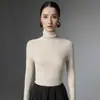 Suéter de una pieza de lana 120s de punto fino, lavable a máquina, de cuello alto, sin costuras, para mujer, delgado, de punto ajustado, como capa base