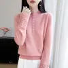 Suéter de Punto de Lana Pura con Cuello Medio y Media Apertura para Mujer, Mangas Largas y Puños de Ganchillo Calados, Nuevo Otoño/Invierno 2026