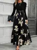 Vestido estampado de dos piezas simulado para mujer, moda europea y americana transfronteriza de Amazon, con mangas abullonadas, cintura de corbata, dobladillo con volantes y falda larga