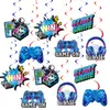 Decoraciones para fiesta de cumpleaños de pastel con temática de juego de neón transfronterizo, incluyendo adornos colgantes, pancartas y centros de mesa.