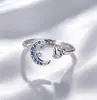 Anel Aberto Gatinho com Estrela e Lua de Diamante Azul para Mulheres, Anel Ajustável Único com Estrela e Lua