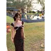 Vestido de Verão de Renda com Estampa de Bolinhas, Gola Quadrada, Manga Flare, Cinto para Marcar a Cintura, Estilo Francês, Slim, Linha A, Lançamento 2026