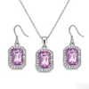 Collar y Pendientes Colgantes de Cubo de Cristal Transfronterizos Europeos y Americanos, Regalo de Cumpleaños de Lujo Ligero para Novia, Juego de Joyería