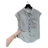 Cardigan Camisa Sem Manga Gola Colarinho Cinza Claro Algodão Linho Feminino Verão Novo Estilo Petite Fashionável Elegante Top de Ráfia
