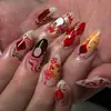 Unhas Postiças Florais Vermelhas e Douradas Retrô 2026, Adesivos de Unha Lanterna com Padrão de Sorte Pintados à Mão, Fornecimento Direto do Fabricante, Unhas Postiças