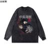 Sudadera Harajuku Lavada Desgastada Cuello Redondo Anime Retro Americano Oversize High Street Top Manga Larga Estampado