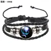 Modelos Populares Europeos y Americanos de Pulseras para Pareja, Transfronterizas 12 Signos del Zodiaco Tejidas Multicapa Luminosas Punk de Cuero Accesorios de Pulsera Cielo Estrellado