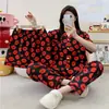 Pijama Popular Transfronterizo de Algodón Nube para Mujer Cárdigan Solapa Conjunto de Tres Piezas Pantalones Cortos Pantalones Largos Ropa de Casa Conjunto para Mujer