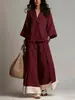 Conjunto de Camisa de Algodão e Linho com Decote V e Manga Três Quartos + Calça Wide Leg de Cor Contrastante para Mulheres - Primavera/Verão 2026 Amazon Europeu e Americano