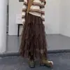Saia irregular de renda estilo francês para mulheres, saia longa de malha afunilada de cintura alta para outono com barra larga