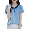 25 anos primavera e verão novo suéter de lapela Tencel liocel camiseta de manga curta feminina com combinação de cores pulôver camiseta básica top